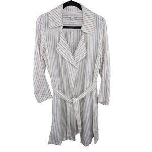 Rachel Zoe‎ Women Striped Duster Jacket Size M Cream Black Tie Waist 100% Linen